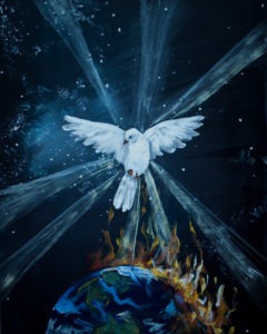 A dove flying on a background of stars, with light radiating from its body.